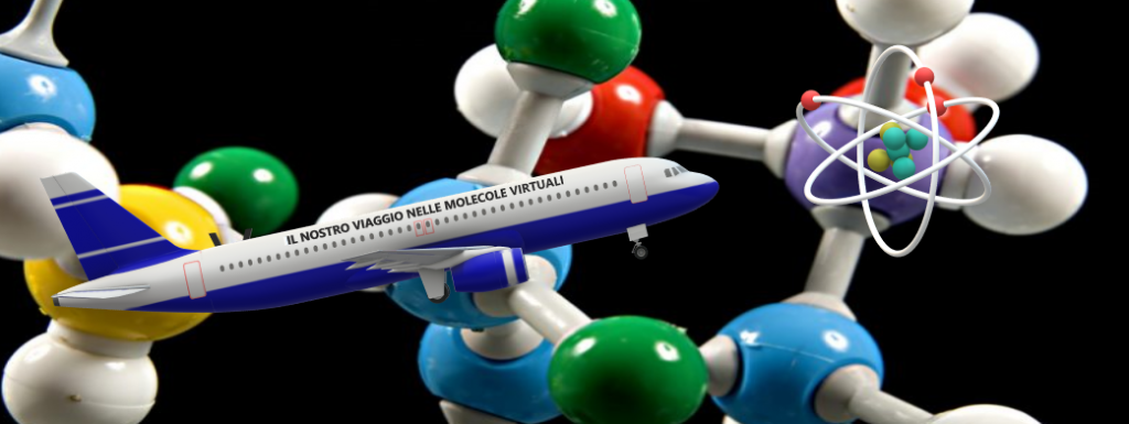 logo raffigurante modellino di aereo tra modelli molecolari